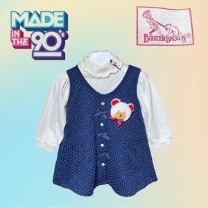 VTG 90's Buster Brown Blue & White polka Dotted Bear Dress & turtleneck Sz 2T